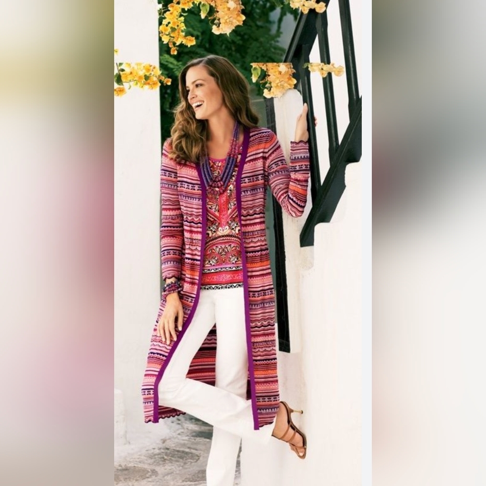 CHICO’S sz XL Zig Zag Carly Duster Multicolor Striped Knit Cardigan Pink Purple